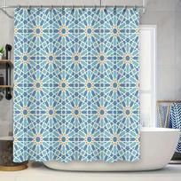 Modern Moroccan Tile Pattern Shower Curtain Blue White Geometric Design for Bathroom Decor Waterproof Fabric Shower Panel W90xH180cm
