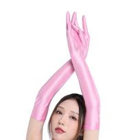 Glossy Shiny Elastic Long Gloves Cosplay Sexy Separate Fingers Guantes Performance Mitten Eldiven Handschuhe Sexy Clubwear Luvas One Size pink