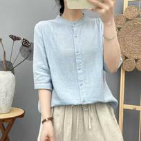 Long Sleeve Linen Shirt for Women Stand Collar Button Down Loose Fit Blouse Lightweight Casual Top for Daily Wear Office XL mėlyna