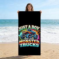 1pc Just A Boy Who Love Monster Trucks Beach Towel Super Absorbent Suitable for Beach Vacation Pool Summer Gift for Friends Kids W40*H60(CM)