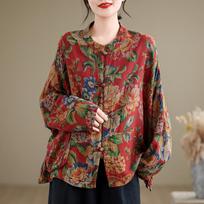 Real Shot 2026 Cotton Linen Frog Button Shirt Retro Cardigan Top 2XL raudona