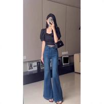 Autumn Winter High Waist Vintage Casual Fashion Flare Jeans Women Solid Color All-match Denim Pants Trousers XS tamsiai mėlyna spalva
