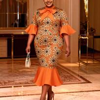 Plus Size Women's Bowknot Evening Gown with Flare Sleeves and Cinched Waist 1XL oranžinė