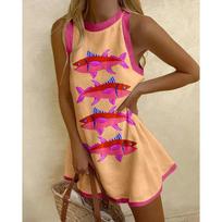 Women Sleeveless Dress Cute Sardines Fish Graphic Print Summer New Short Dress Beach Vacation Party Girl Skirts Dress S