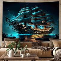 Mystical Pirate Ship Wall Hanging with Blue Teal Lights, Magical Sails and Night Sea 47.2x31.5inch/120*80cm