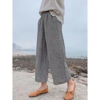 Casual black and white plaid linen wide-leg pants women's summer new elastic waist loose nine-point pants cotton and linen straight-leg pants M