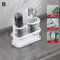 Wall Mounted Kitchen Cutlery Organizer Knife Spoon Fork Chopstick Drain Rack Drainer Utensil Kitchen Storage Punching Free B White