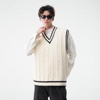 Unisex Retro Japanese Color Block V-neck Knit Vest, Basic Loose Sleeveless Sweater, Versatile Niche Style L abrikosas