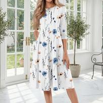 Summer Dresses for Women Uk Ladies Summer Dresses Uk Womens Summer Dresses Uk Floral Print Casual Midi Dress with 3/4 Sleeve and Crew Neckline XXXL mėlyna