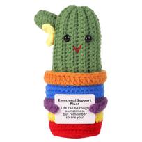 Funny Crochet Positive Energy Cactus Doll with Encouragement Card Handmade Wool Knitted Emotional Support Plant Ornament Gifts