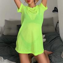 Plus-size Women Sexy See-through Mesh Lingerie Transparent Clubwear Stripper Dress Short Sleeve Sheer Maxi Cover Up Tulle Beachwear Dress S žalia