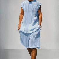 Chic Sleeveless Sweater Suit Man Summer Loose Vest T-shirt Shorts Man  Suit Men XXXL mėlyna