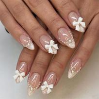 24PCS Simple Black Polka Dots French Press on Nails Full Cover 3D Bowknot Pearl Almond Fake Nails for Women Ins Nail Fashionable