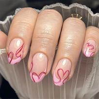 24 Pcs French Tip Press On Nail Short Almond Acrylic Nail Heart Stick on Nail with Lines Valentines Day False Nail 1