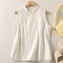 Chinese Style Linen Vest Women Summer Sleeveless Blouse Retro Buckle Stand Collar Split Shirt Soft M balta