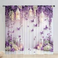 Sheer Retro Floral Butterfly Curtains Art Deco Style Polyester Living Room Bedroom Decor Curtain Set Of 2 Made With Rod Pocket Washable Area Ready W100*H70(CM)-Hooks&1PCS