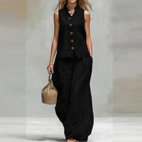 Women Sleeveless V Neck Button Front Vest Top Wide Leg Loose Fit Long Pants Two Piece Set Summer Casual Outfit L juoda