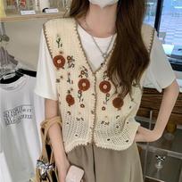 Crochet Hollowed-out Vest Women's Spring and Summer French Niche Floral Embroidered Sleeveless Knitted Cardigan Small Coat one size abrikosas