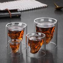 Aukštai temperatūrai atsparus dvigubos sienelės kaukolės formos stiklinis puodelis kavai, viskiui, kokteiliams ir vandeniui 25ml Skull Cup gray