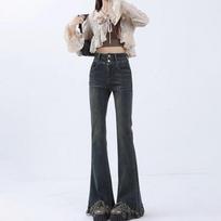 Personalized Korean version of raw edge micro-pull jeans women's high waist spring and autumn new design micro-flared jeans XS