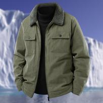 Men's Casual Multi-pocket Corduroy Fleece-lined Jacket With Zipper And Lapel Warm Top L armijos žalia spalva