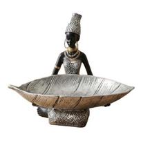 Yousheng Afrikos moteris su lapo formos dubeniu Dervos statulėlė Tribalinė klūpanti figūrėlė Papuošalų padėklas Darbalaukio dekoratyvinis užkandžių laikiklis Namų lentynos dekorui sidabras