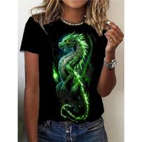 Black Women's Tee - Glowing Green Dragon Graphic, Mythical Fiery Beast Design for Casual Daily Wear S