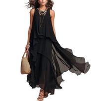 Women's Flowy Chiffon Dress, Sleeveless Crew Neck Asymmetrical Hem Long Dress, Summer Layered Cocktail Wedding Guest Dress S juoda