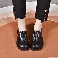 thick-soled women's new college wind round buckle one-pedal single shoes, first-layer sheepskin women's small leather shoes 35 juoda