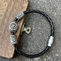 Norse Runes Beads Viking Leather Magnetic Bracelet For Men Women Adjustable Unisex Accessories 21cm