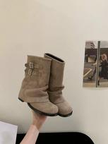 Madingi Rudens Žiemos Vintage Moteriški Vakarų Kaubojiški Batai Moterims Glausti Stori Kulniukai Trumpi Botas Zapatos De Mujer 35 chaki