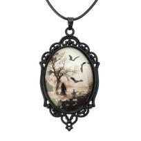 Bat Cemetery Glass Pendant Necklace Choker Halloween Clavicle Chain Necklace 1