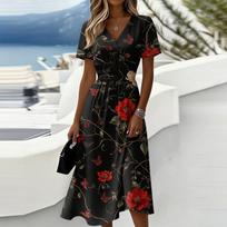 Ladies' floral casual fashionable short sleeved V-neck dress XXL
