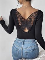 Back Hollow Out Butterfly Lace Trim Long Sleeve Solid T Shirt Slim Top Women Commute Fashion Daily Basic Casual Slim Fit Ladies Elegant Top S juoda