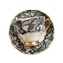 English afternoon tea, bone porcelain plate, dessert plate, ceramic snack, western plate, black lace. Coffee cups and a set of flavors black