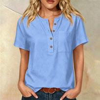 Women Henley Button Neck Short Sleeve Cotton Linen Shirt with Chest Pocket Loose Fit Casual Top for Daily Office Wear XXL