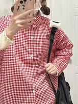 Women's Hong Kong Style Retro Plaid Shirt Jacket - Medium-Length, Loose Fit, Thin Cardigan for Early Autumn S raudona