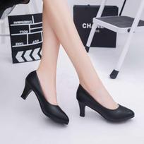 Spring and autumn versatile single shoes women's high heels black and white work shoes high heels medium heel bow women's thick heels women's shoes 34