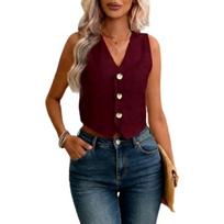 Linen Vest Top for Women Casual Slim Fit Sleeveless Button Down Waistcoat V Neck Crop Office Work Outfit S vyno raudonos spalvos