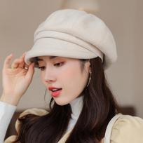 Women's Beret Hat Trendy Japanese Style Furry Octagon Chic Thick Warm Rolled Brim Solid Color Autumn Winter Daily Casual M