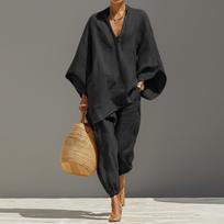 Ladies' Color Casual Lazy Loose Shirt Set L juoda
