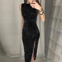 Moteriški blizgučiai, blizgus Bodycon, berankovė, ilga suknelė, vakarėlis, vakarėlis, vestuvės, iškilmingas paketas klubams L juoda