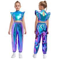 Children’s Hip-Hop Jazz Outfit Mock Neck Mesh Patchwork Sleeveless Metallic Ruffle Crop Top and Matching Shiny Cargo Pants for Stage 5-6 Years mėlyna