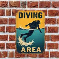Diving Area Warning Metal Sign   Rustic Wall Decor with Scuba Diver Illustration for Home Cafe Garage Garden 20x30cm（7.8x11.8inch）