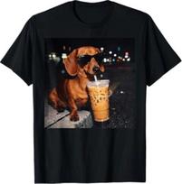 Funny Dachshund Drinking Iced Coffee Lover Humor T-Shirt S
