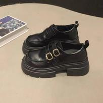 Leather Platform Loafers Women's Double Buckle Strap Chunky Heel Round Toe Casual Shoes 35 juoda