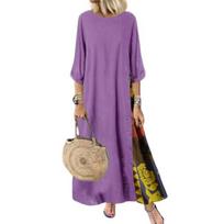 Moteriška vasarinė rudens suknelė Retro spausdinimo kratinys su apvaliu kaklu, spalva, atitinkanti trijų ketvirčių rankoves, A formos storio apvado moteriška maxi suknelė 3XL violetinė