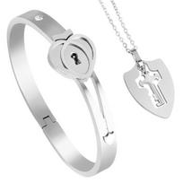 Yousheng 1 Set Bracelet Choker Set Vintage Shining Rhinestone Inlaid Bright Luster Concentric Lock Valentines Day Gift Titanium Steel Couple Heart I