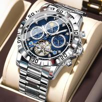 POEDAGAR Vyriškas automatinis mechaninis laikrodis Prabangus Tourbillon skeletinis laikrodis su mėnulio fazės ir savaitės datos rodymu Vandeniui atsparus laikrodis ant riešo vyrams mėlyna/sidabras