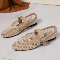 Fashion Round Head Mesh One-line Buckle Ballet Single Shoes New Full Flash Flat Hollow Mary Jane Sandals Fishnet Shoes 35 chaki